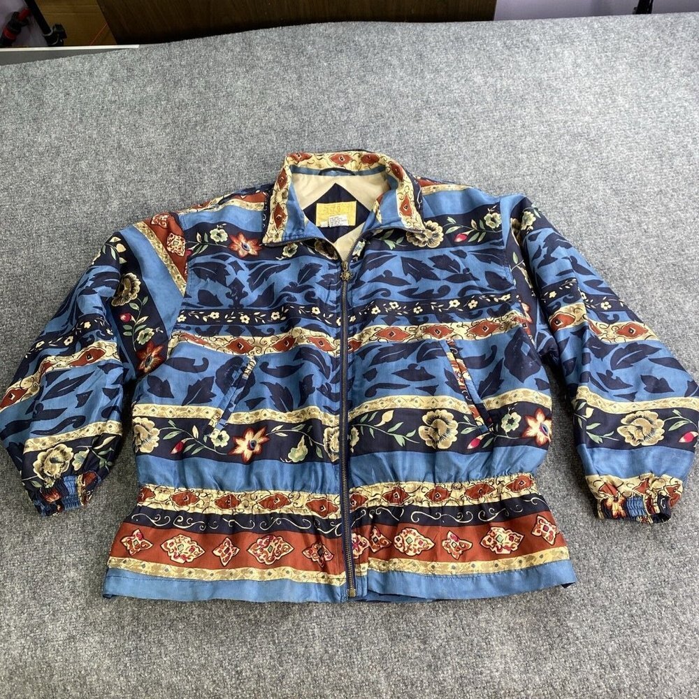 VTG 90s‎ East West Silks Jacket Womens L Blue Floral Funky Festival Boho Artsy